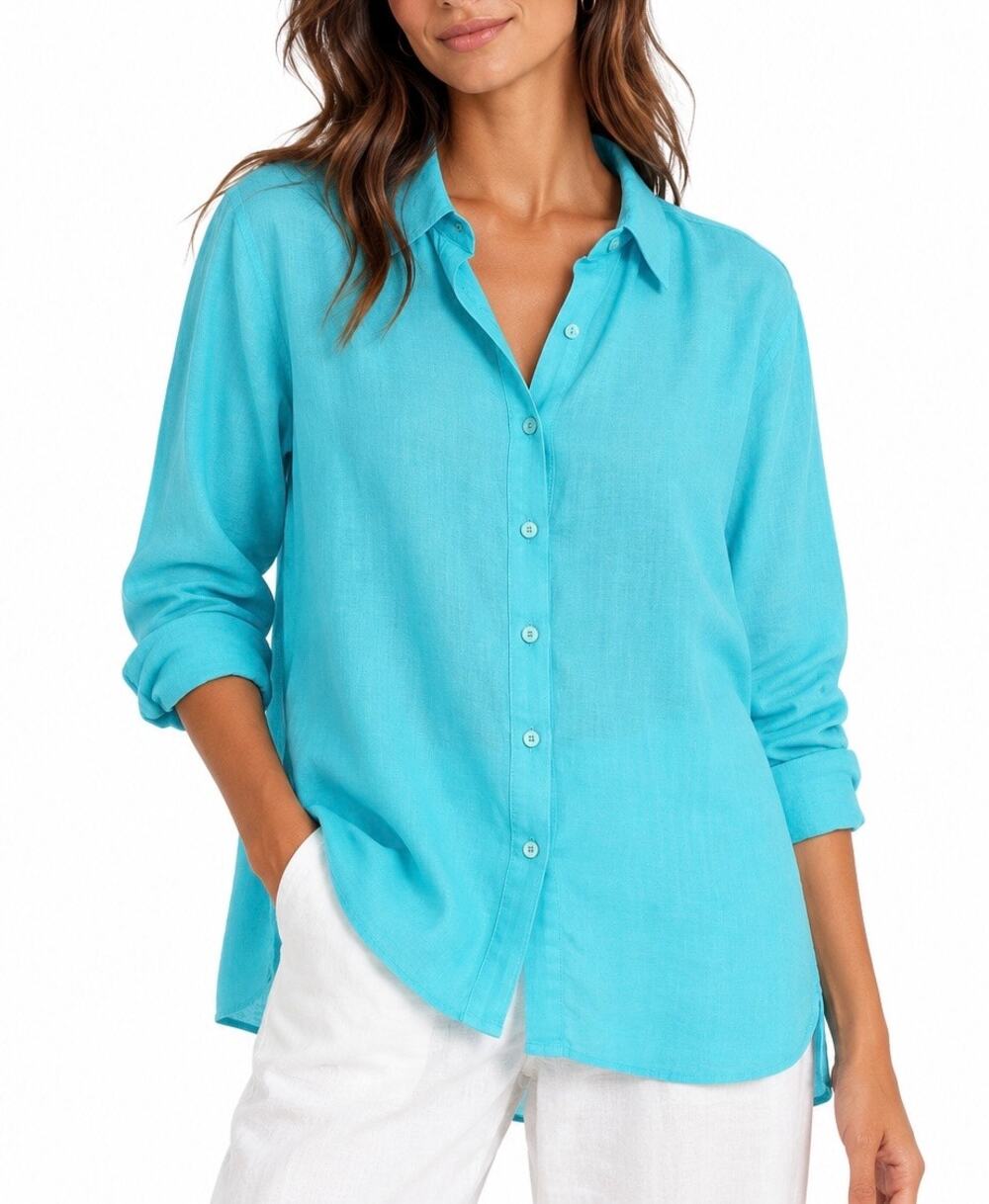 Eileen Fisher Turquoise 100% Organic Irish Linen Button Up Shirt XL